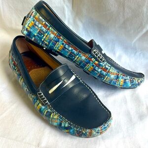 Robert Graham Haggard Penny Loafers Mens Leather Navy Blue & White Plaid Slip On